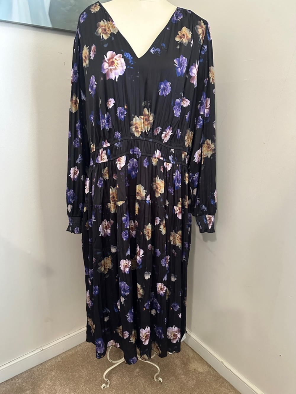 V-Neck Black Maxi Dress with Purple & Cream Floral Print